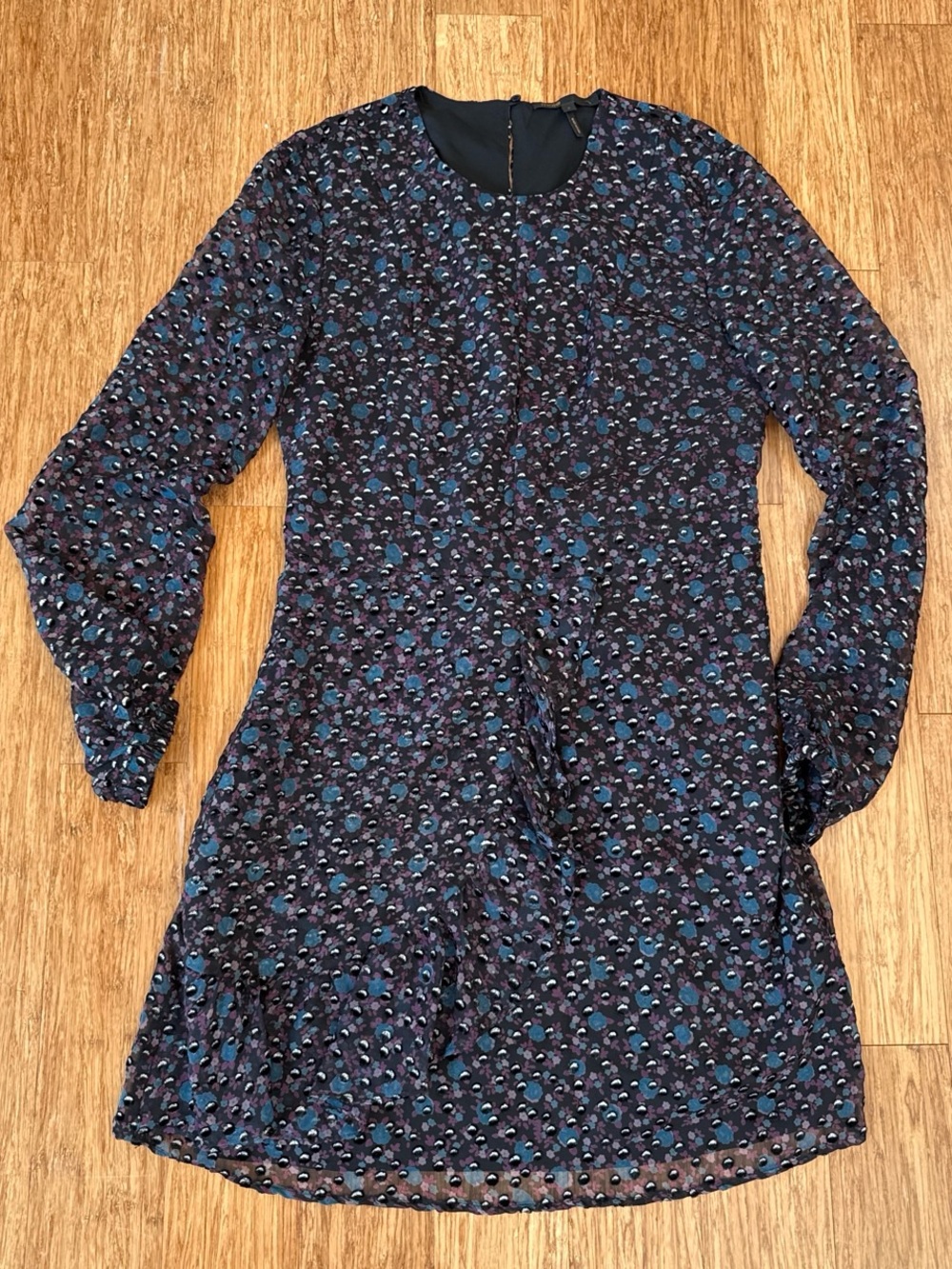 Maje Navy Floral Print Blouse with Teal and Purple Accents
